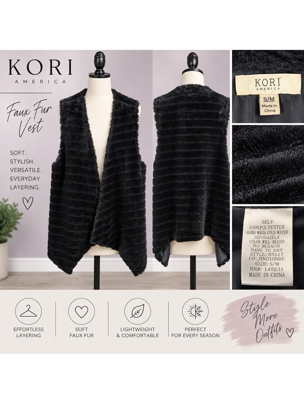 Kori America S/M Black Faux Fur Open Front Draped Vest Lined